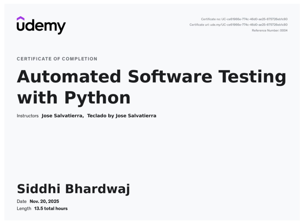 Udemy Python testing certificate